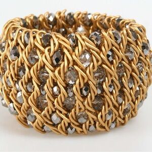 Joan Rivers Bracelet Gold Tone Chunky Woven Cuff Hematite Glass Expandable